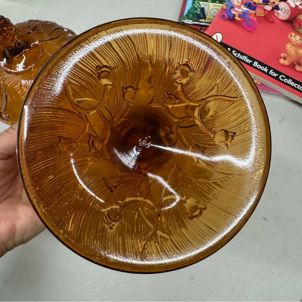 Vintage Fenton Amber Opalescent Lily of the Valley Lidded Pedestal Candy Dish